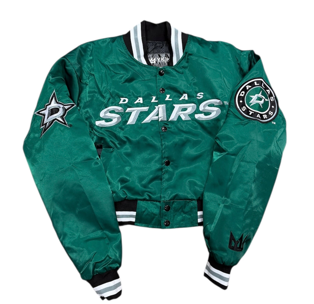 DALLAS STARS X YK1K WOMEN'S CROPPED SATIN VARSITY JACKET - front view 