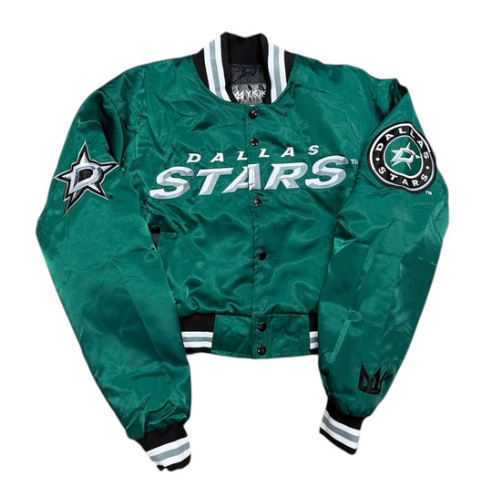 DALLAS STARS X YK1K WOMEN'S CROPPED SATIN VARSITY JACKET - front view 
