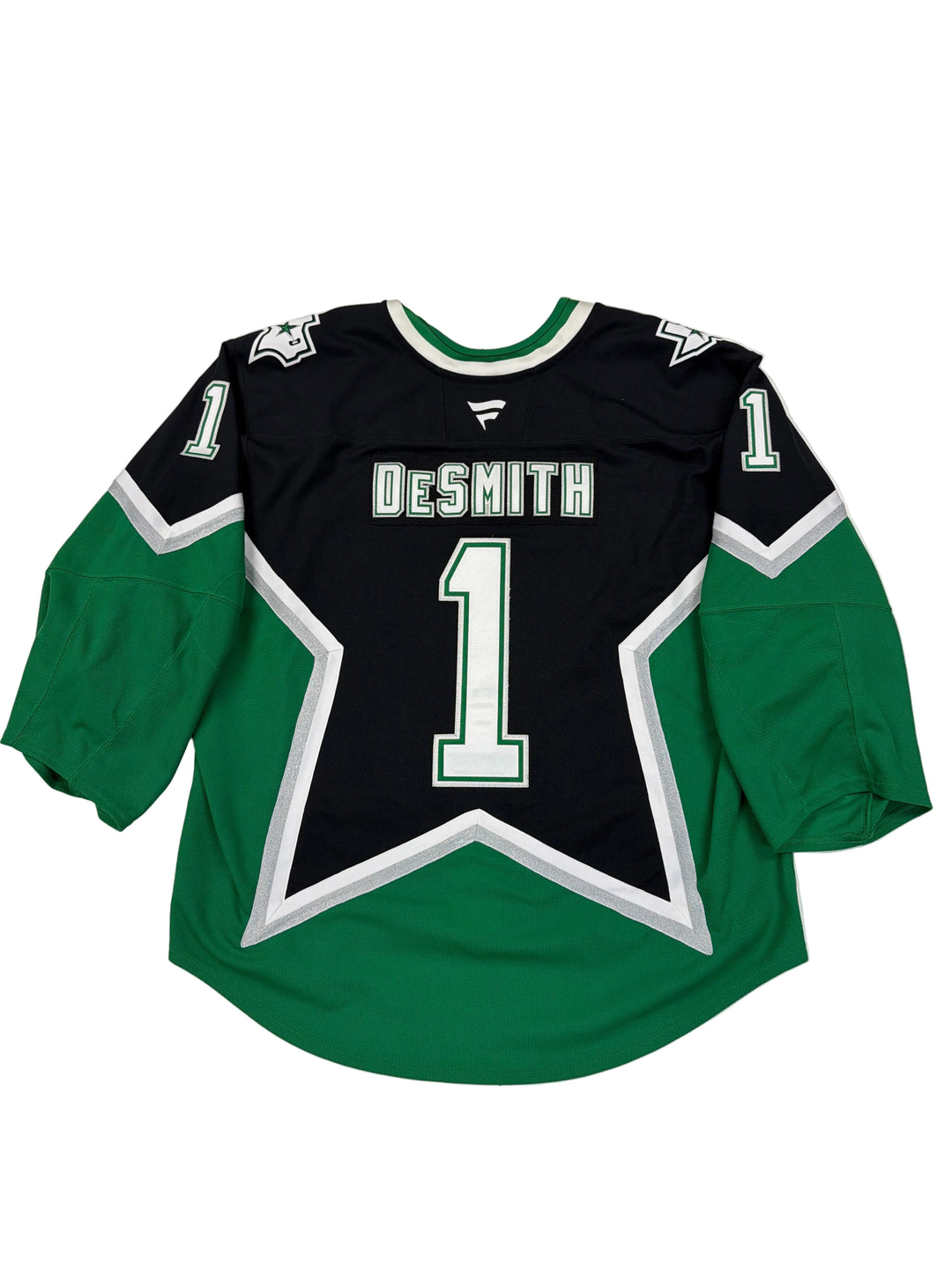 Green and black sports jersey with star design on a white surface