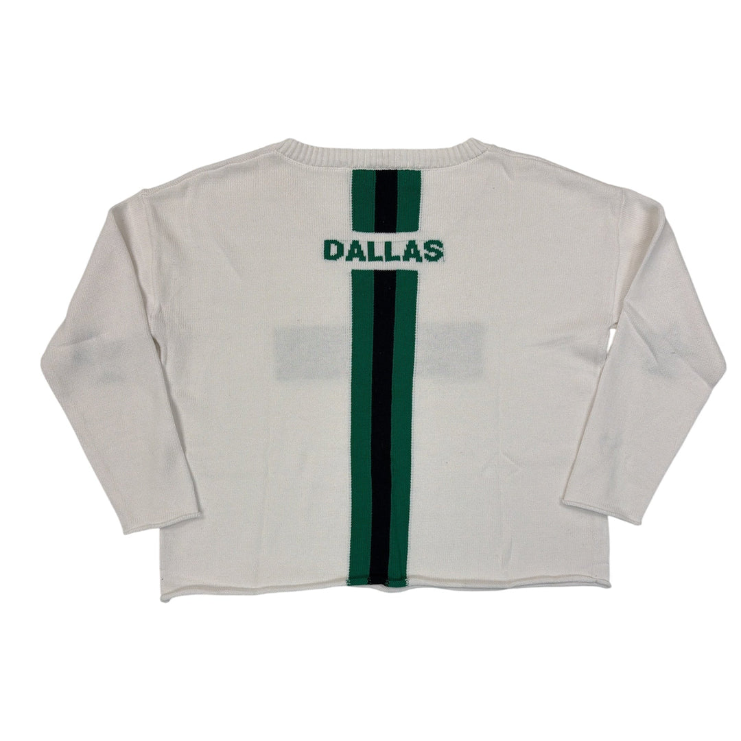 White long-sleeve sweater with 'Dallas' printed on the back against a white background