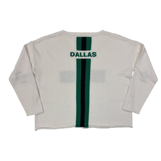 White long-sleeve sweater with 'Dallas' printed on the back against a white background