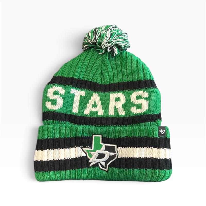A green and black striped knit beanie with a pom-pom on top, featuring the word &