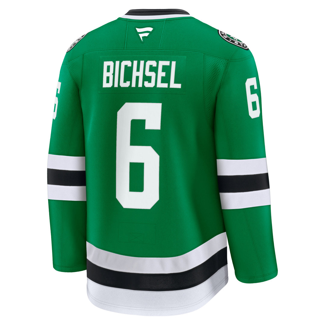 Green hockey jersey shown from the back with the name BICHSEL and number 6 in white, plus black and white sleeve and hem stripes, on a plain white background.