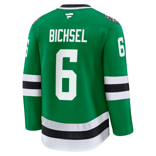 Green hockey jersey shown from the back with the name BICHSEL and number 6 in white, plus black and white sleeve and hem stripes, on a plain white background.
