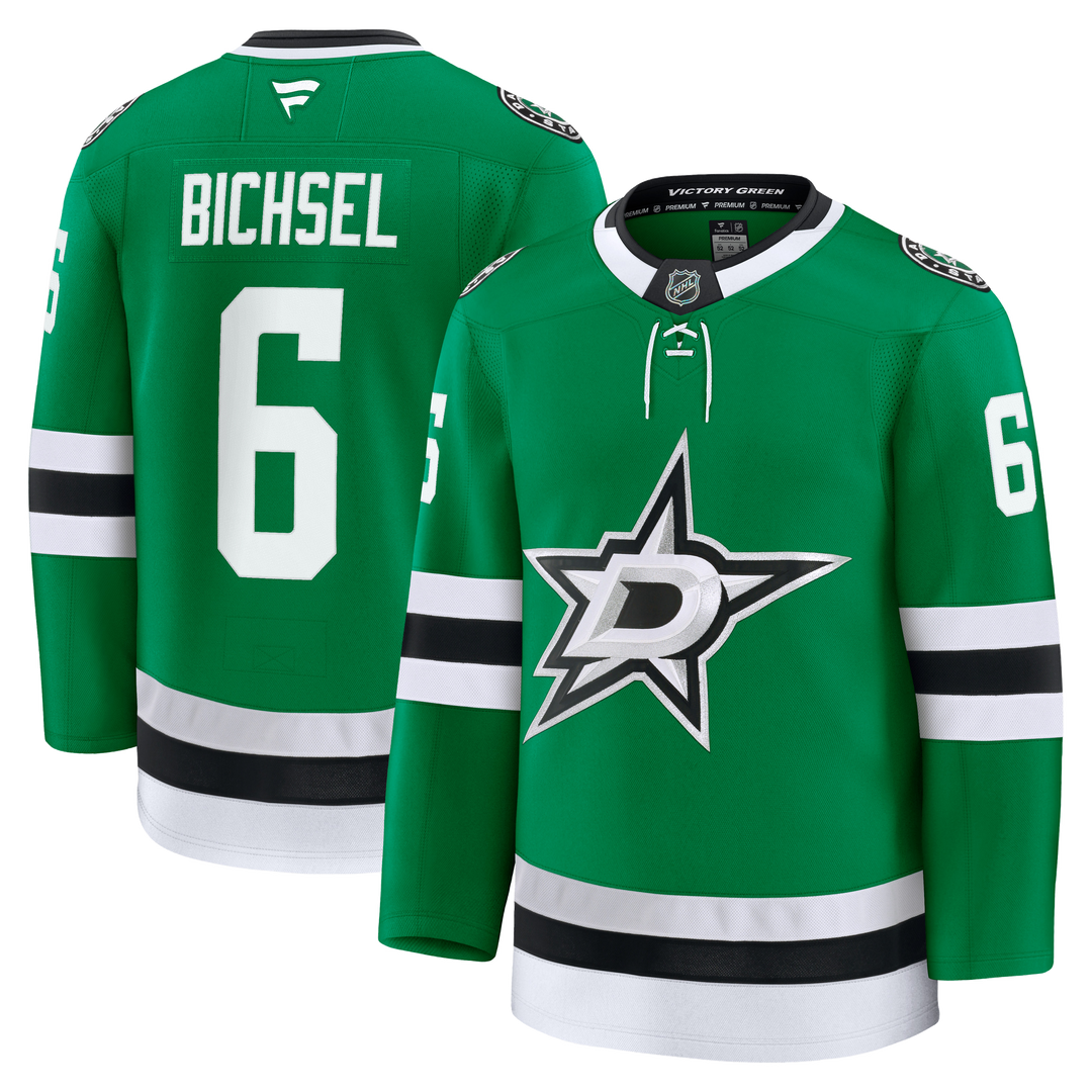 Green Dallas Stars hockey jersey shown from both front and back on a white background. The front features the Dallas Stars logo on the chest, and the back shows the name BICHSEL and number 6.