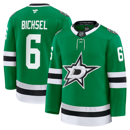 Green Dallas Stars hockey jersey shown from both front and back on a white background. The front features the Dallas Stars logo on the chest, and the back shows the name BICHSEL and number 6.