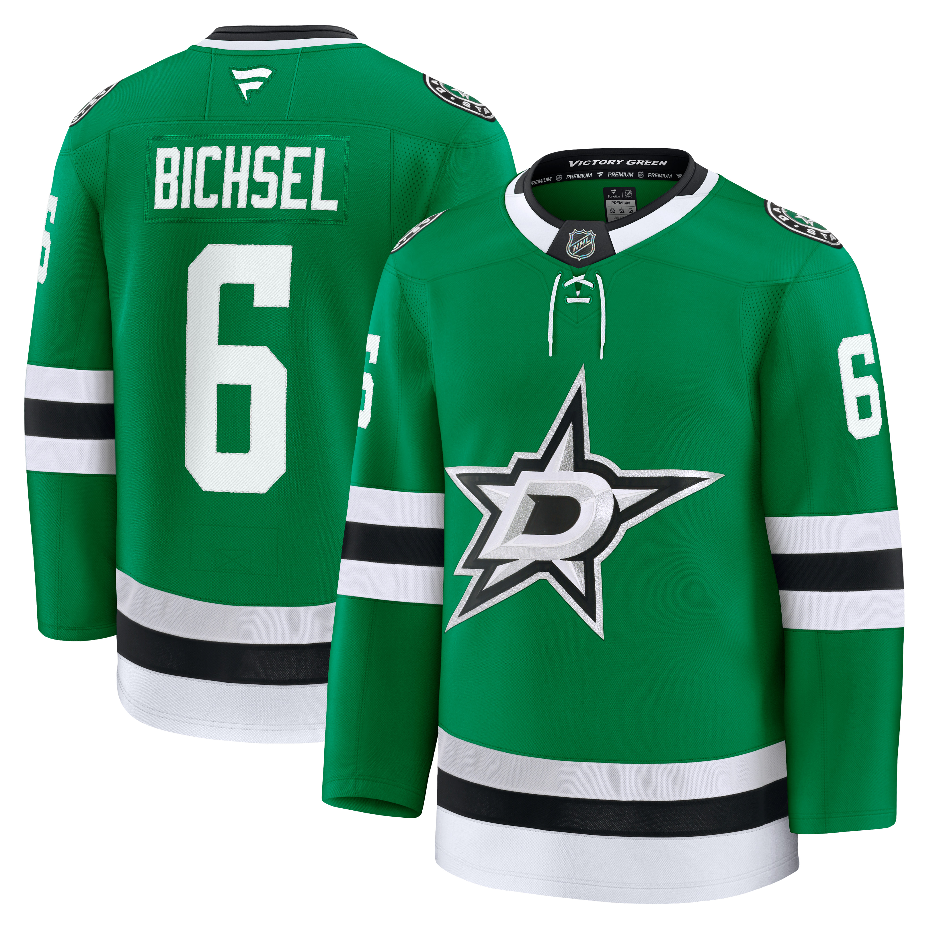 Green Dallas Stars hockey jersey shown from both front and back on a white background. The front features the Dallas Stars logo on the chest, and the back shows the name BICHSEL and number 6.