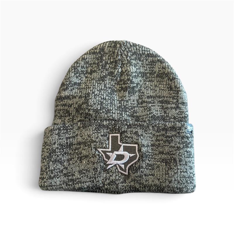 A heathered gray and black knit beanie featuring an embroidered Dallas Stars logo on the front cuff, set against a plain white background.