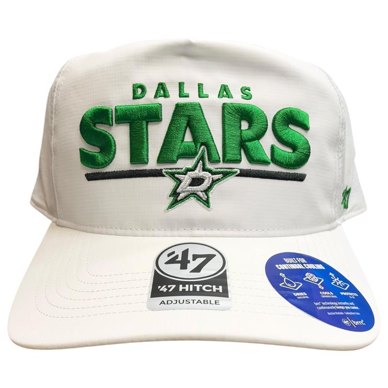 Dallas Stars white 47 Hitch adjustable trucker hat featuring green embroidered “DALLAS STARS” lettering and logo, with a curved white brim and adjustable snapback.