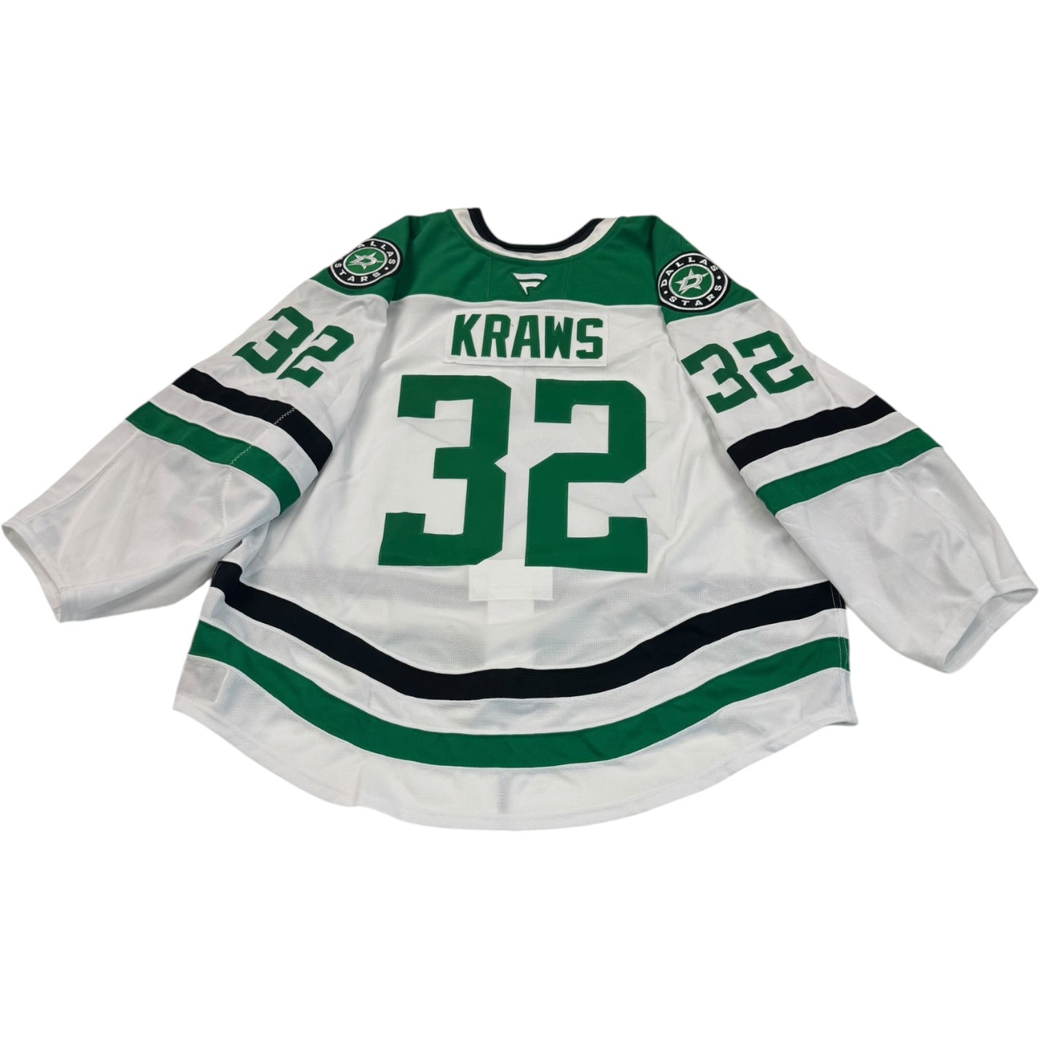 Game worn Dallas Stars Away jersey with number 32 and name 'Kraws'. Jersey on a white background
