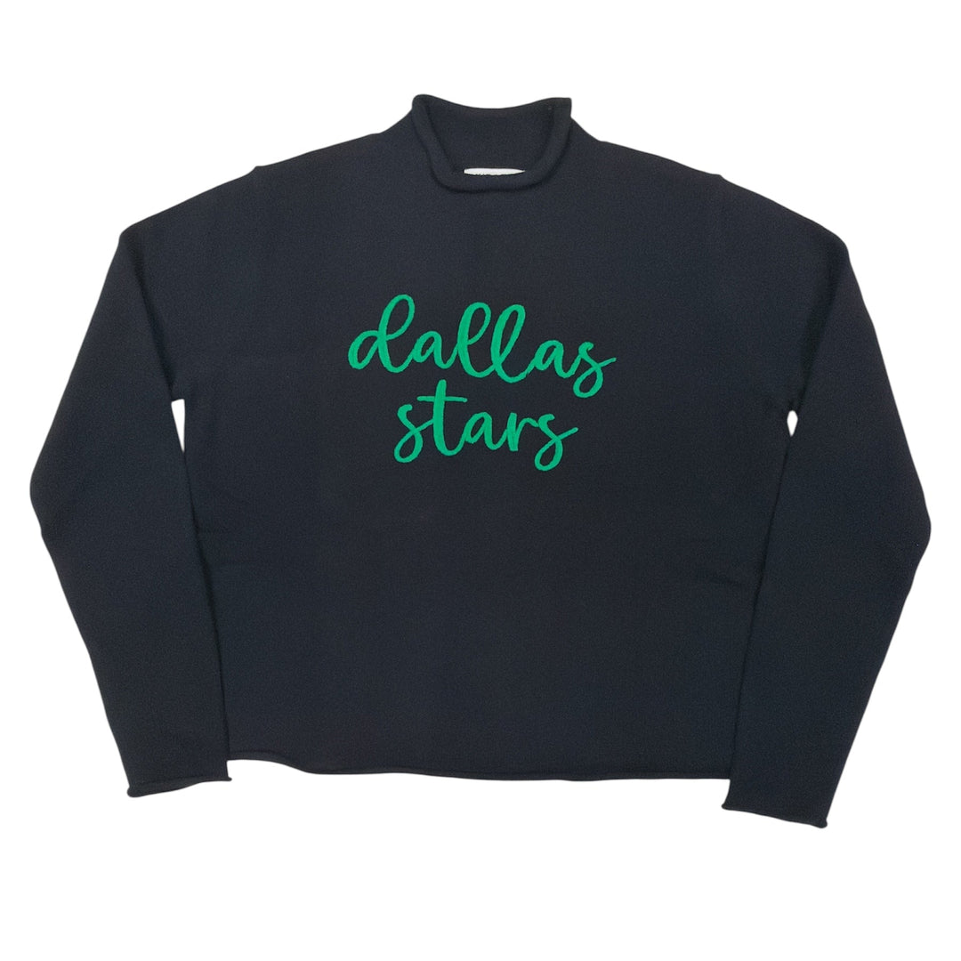 Black long-sleeve sweater with 'dallas stars' text in green on a white background