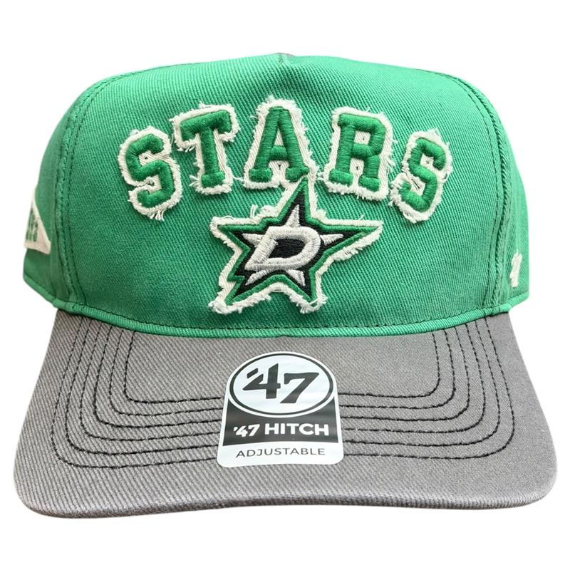 Dallas Stars green 47 Hitch adjustable cap featuring embroidered “STARS” lettering and the iconic Stars logo in white, black, and green, paired with a contrasting gray brim.