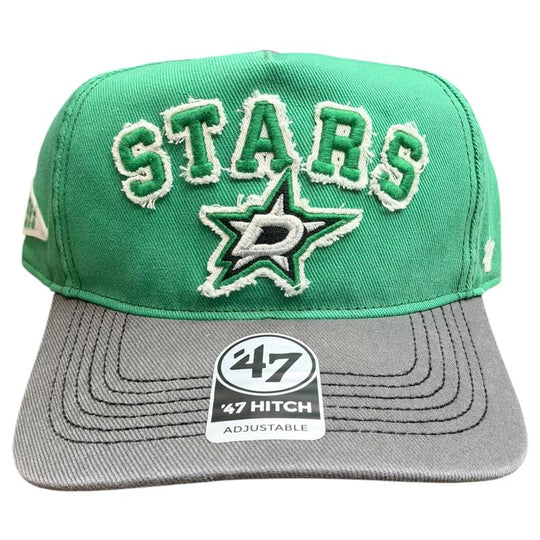 Dallas Stars green 47 Hitch adjustable cap featuring embroidered “STARS” lettering and the iconic Stars logo in white, black, and green, paired with a contrasting gray brim.