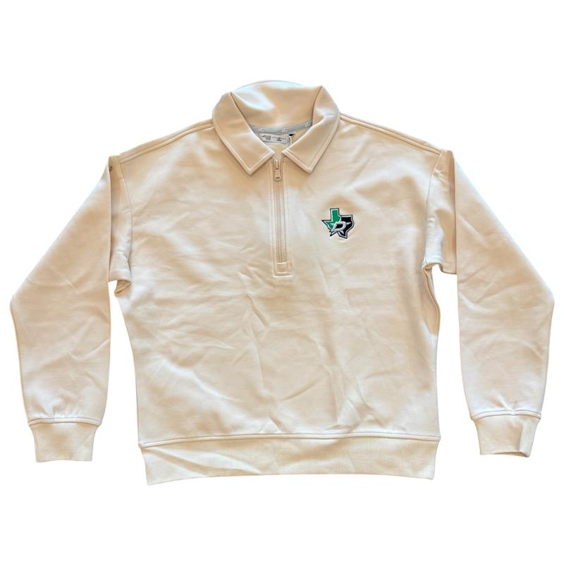 A cream-colored long-sleeve quarter-zip pullover sweatshirt with a small embroidered Texas state logo on the left chest, displayed flat against a white background.