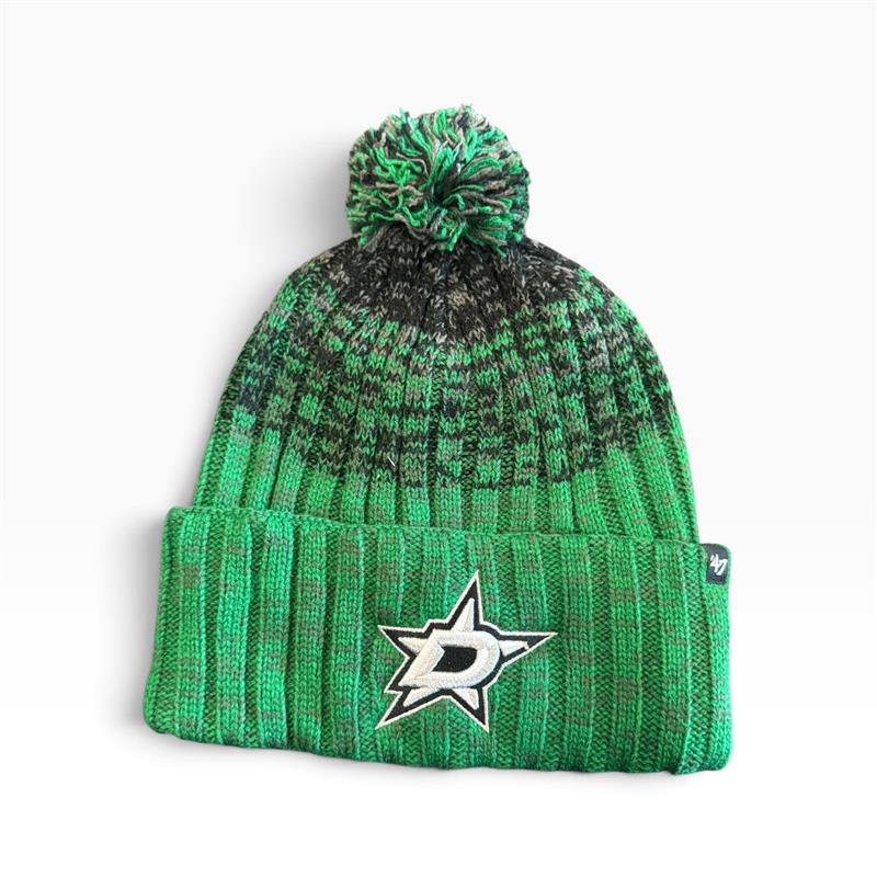 A green and black marled knit beanie with a pom-pom, featuring the Dallas Stars logo embroidered on the front cuff and a small &