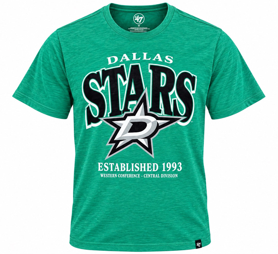 Kelly green heathered Dallas Stars short-sleeve T-shirt featuring bold black-and-white “DALLAS STARS” lettering, the Dallas Stars logo, and “ESTABLISHED 1993” with “WESTERN CONFERENCE - CENTRAL DIVISION” below. White background.