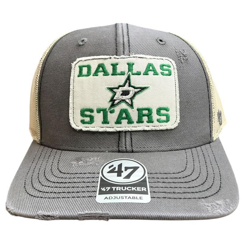 Dallas Stars gray and tan 47 Trucker adjustable cap featuring a vintage-inspired “DALLAS STARS” embroidered patch with the Stars logo, distressed detailing, and contrasting mesh side and back panels.