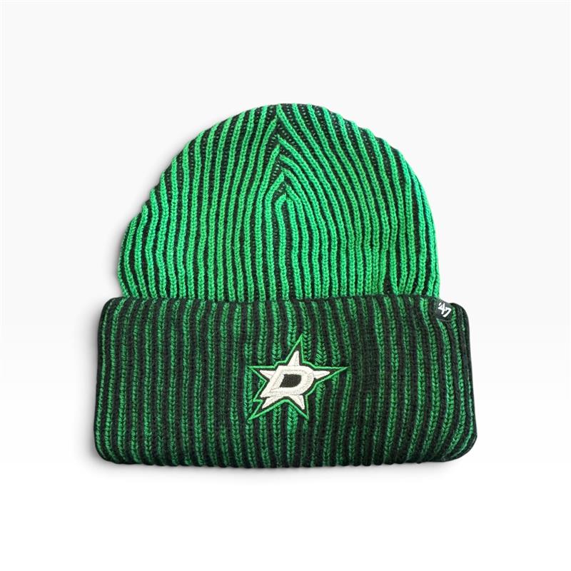 A green and black striped knit beanie hat featuring a Dallas Stars logo on the front cuff, set against a plain white background.