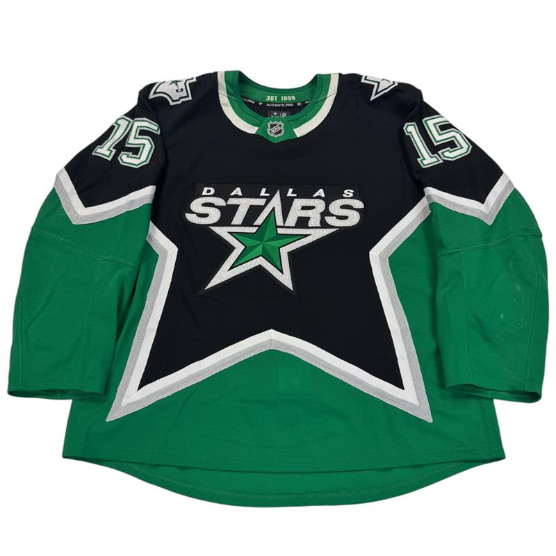 Hockey jersey with Dallas Stars logo #15 on sleeves. Jersey on a white background