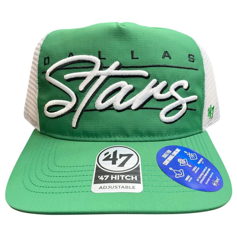 Dallas Stars green 47 Hitch adjustable trucker hat featuring bold white embroidered “Stars” script, black “DALLAS” lettering, signature Stars logo styling, and white mesh side panels.