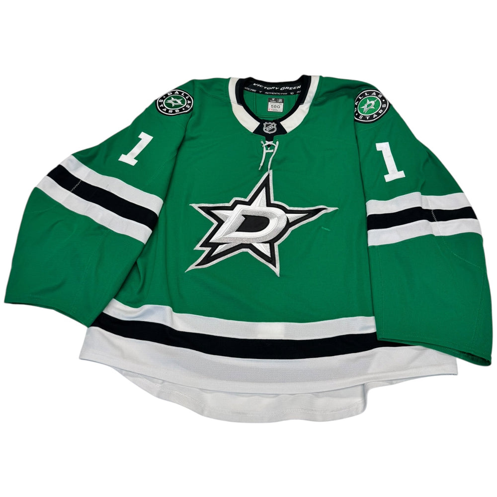 Dallas stars home hockey jersey, number 1 on the sleeves and Stars logo on the chest. Hockey Jersey on a white background