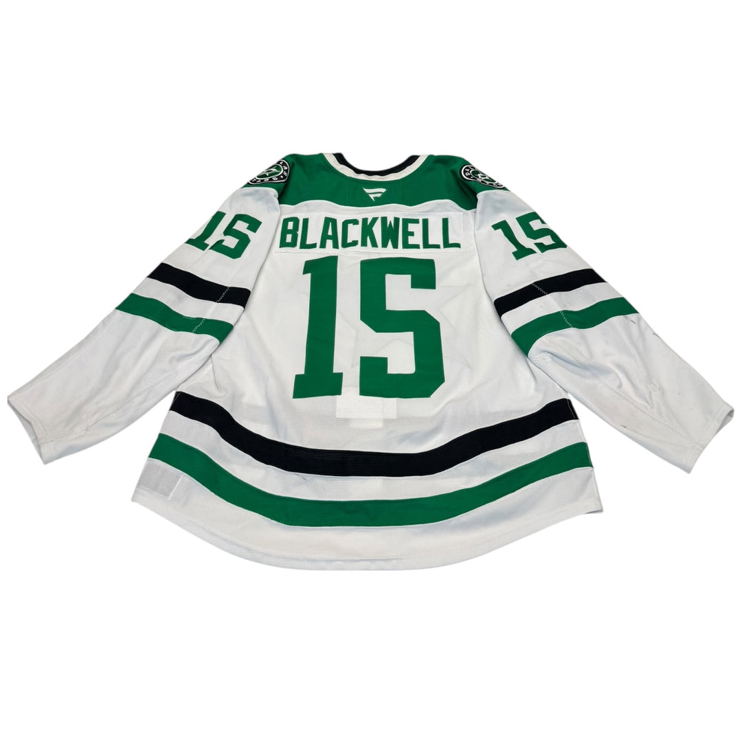 Game worn Dallas Stars away jersey with 'Blackwell' and number '15'. Jersey on a white background