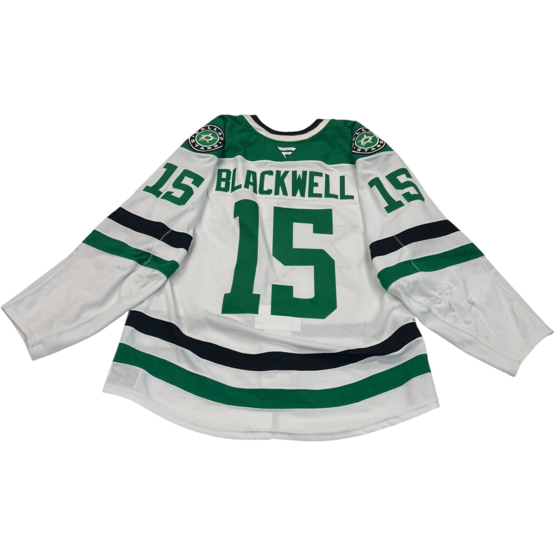 Game worn Dallas Stars jersey with 'Blackwell' and number '15'. jersey on a white background