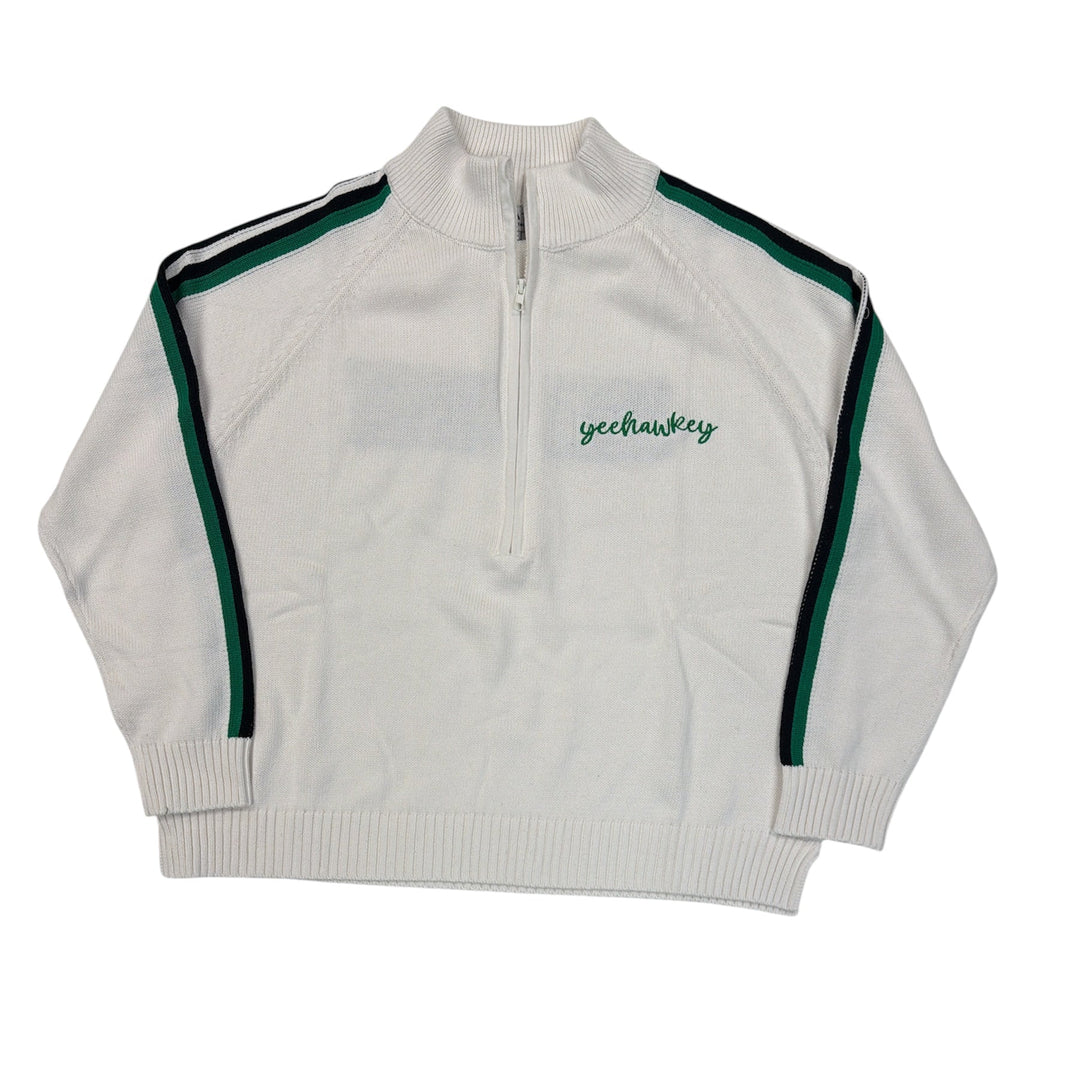 White quarter-zip sweater with green stripes on a white background