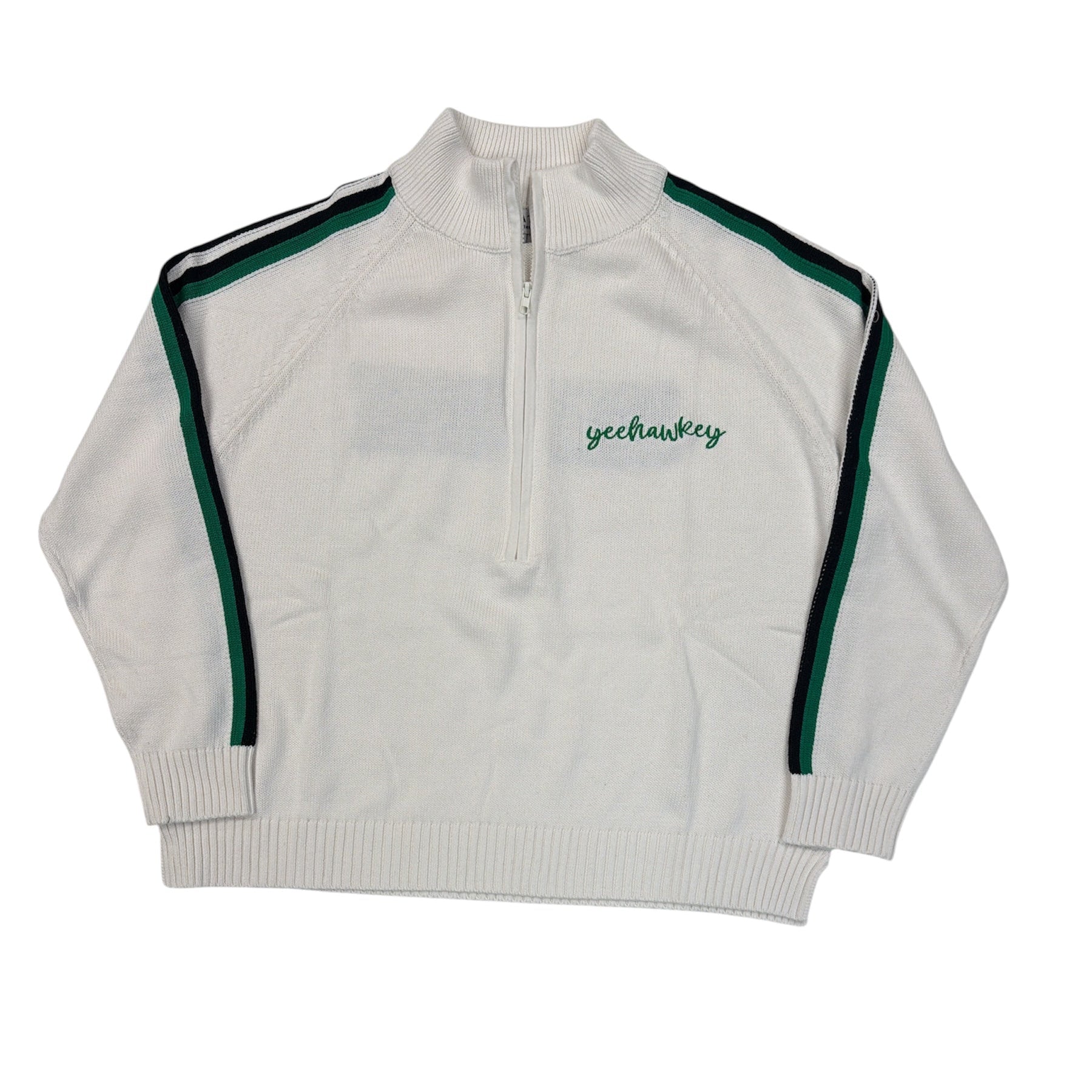 White quarter-zip sweater with green stripes on a white background