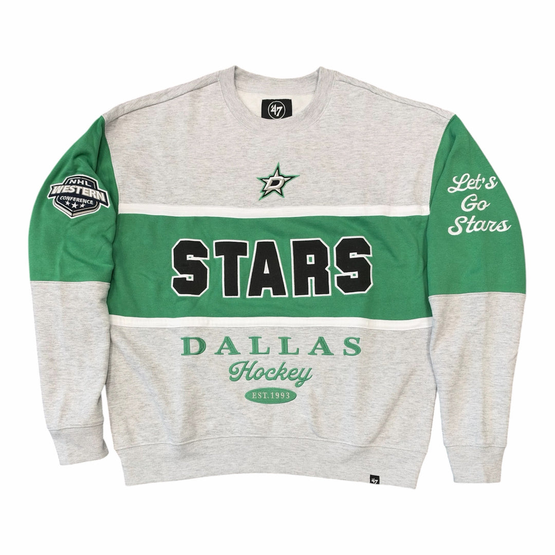Dallas Stars gray and green color-block crewneck sweatshirt featuring a bold black and white “STARS” graphic across the chest, Dallas Stars logo above, and green “DALLAS Hockey EST. 1993” lettering below. Includes white “Let’s Go Stars” script on one sleeve and an NHL Western Conference patch on the other. Flat-lay product image on a white background.