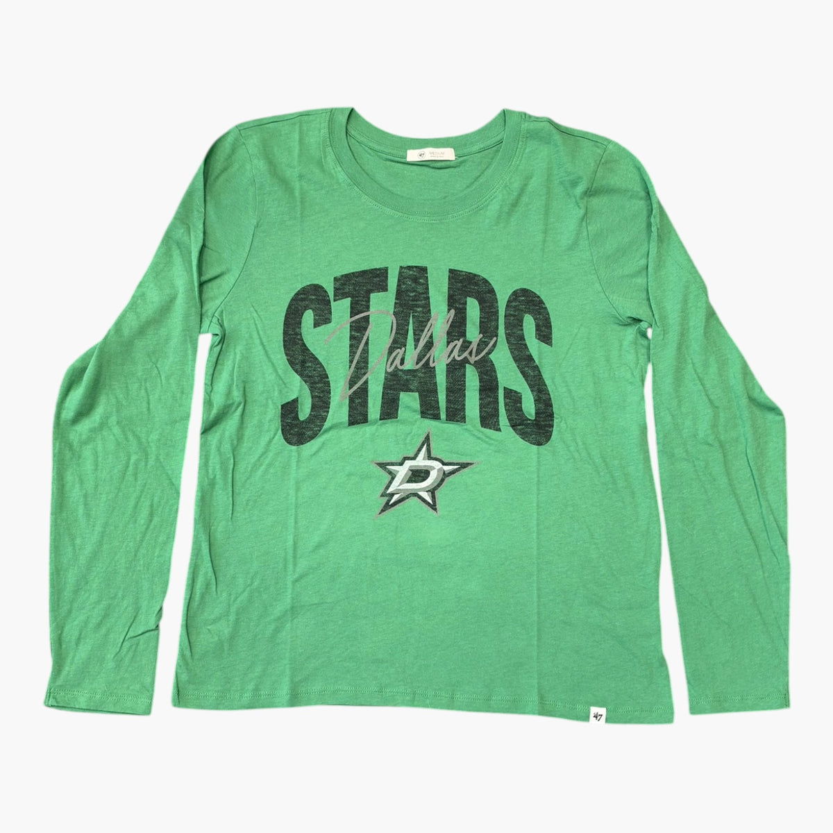 Green Dallas Stars long-sleeve T-shirt featuring bold black “STARS” lettering, script-style “Dallas” overlay, and the Dallas Stars logo centered on the chest. Flat-lay product image on a white background.