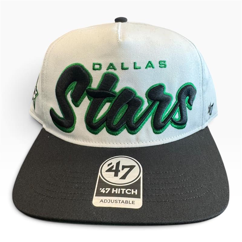 A Dallas Stars snapback cap by 47, featuring a tan crown with green and black embroidered &