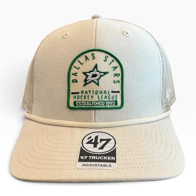 A cream-colored snapback cap with a TAN  braided rope detail across the brim and a green &