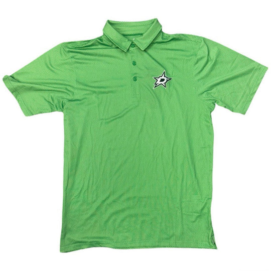 A bright green short-sleeve polo shirt with a Dallas Stars logo on the left chest, displayed flat against a plain white background.