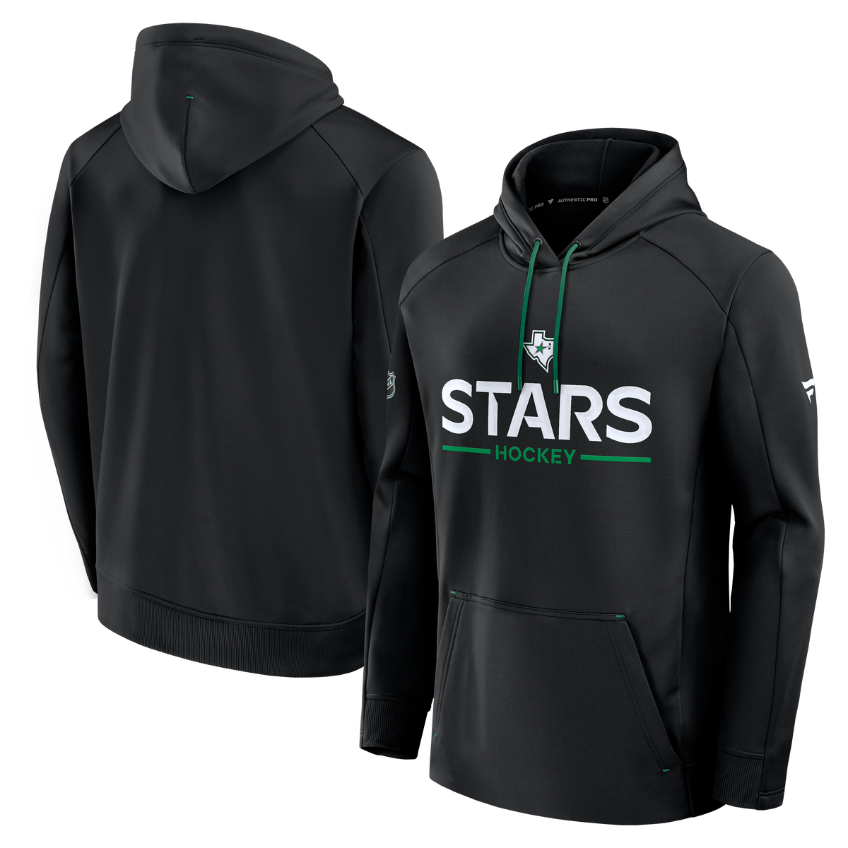 A black pullover hoodie shown from both front and back angles. The front features 'STARS HOCKEY' printed in white with a green underline and a small team logo above it, along with green drawstrings.