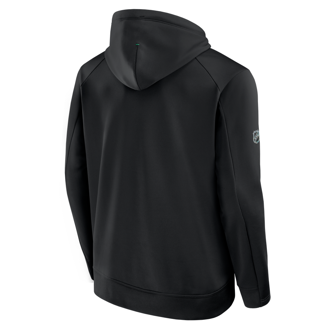 Black hoodie with a logo on the sleeve against a white background