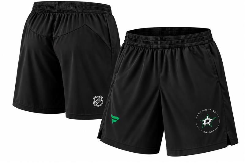 Black athletic shorts shown from front and back angles on a white background. The front view shows a green Dallas Stars NHL team logo on the left leg.