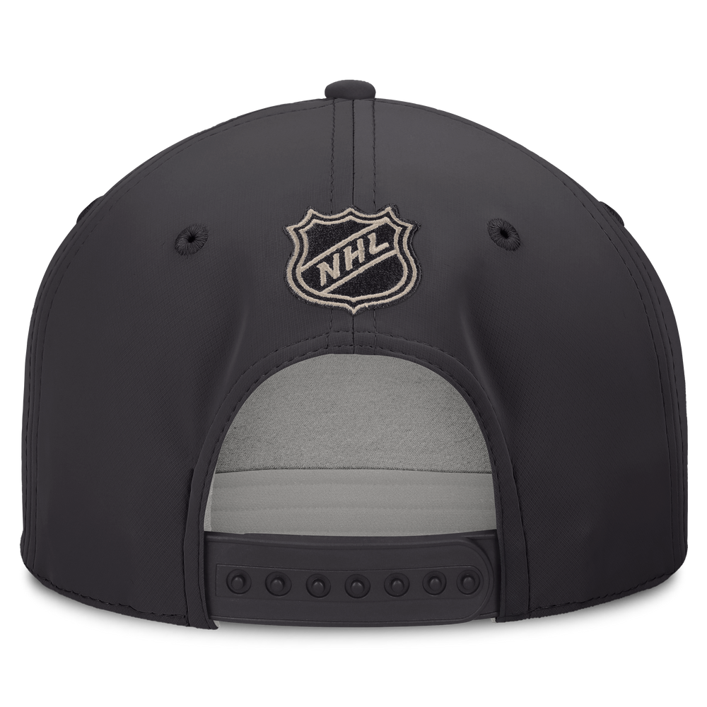 The back of a black NHL baseball cap with a silver and black adjustable snapback closure and an embroidered NHL shield logo on the crown.