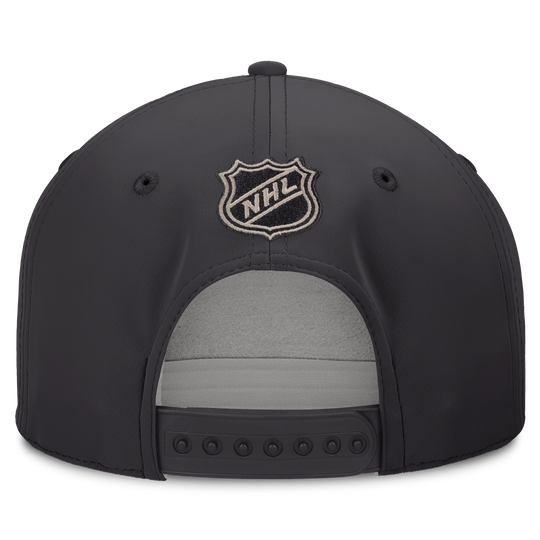 The back of a black NHL baseball cap with a silver and black adjustable snapback closure and an embroidered NHL shield logo on the crown.