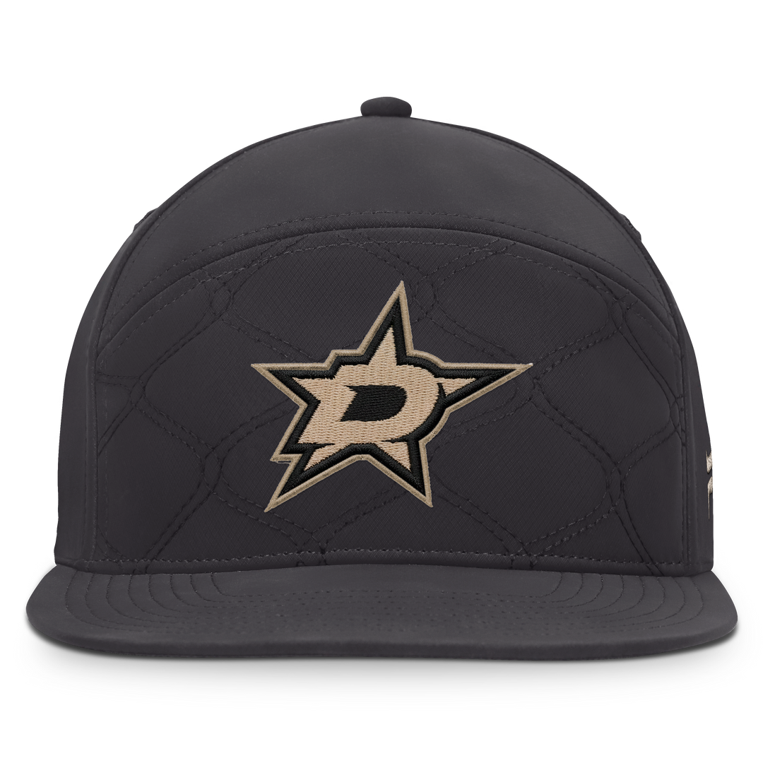 A black quilted Dallas Stars baseball cap with a prominent embroidered team logo on the front, set against a plain white background.