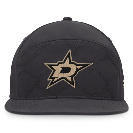 A black quilted Dallas Stars baseball cap with a prominent embroidered team logo on the front, set against a plain white background.