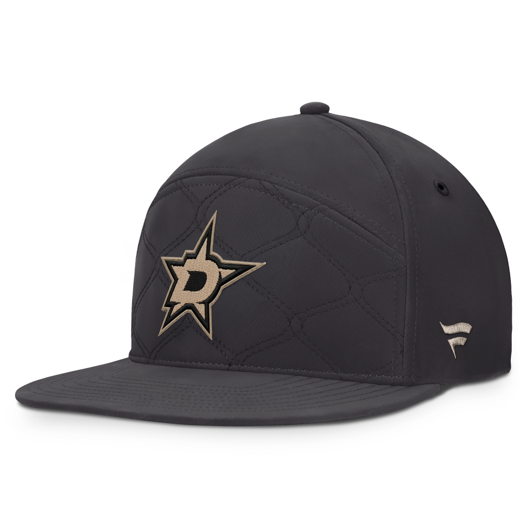 A black quilted Dallas Stars baseball cap with a prominent embroidered team logo on the front, set against a plain white background.