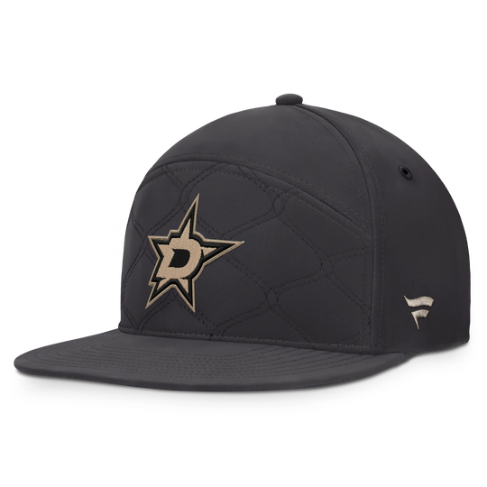 A black quilted Dallas Stars baseball cap with a prominent embroidered team logo on the front, set against a plain white background.