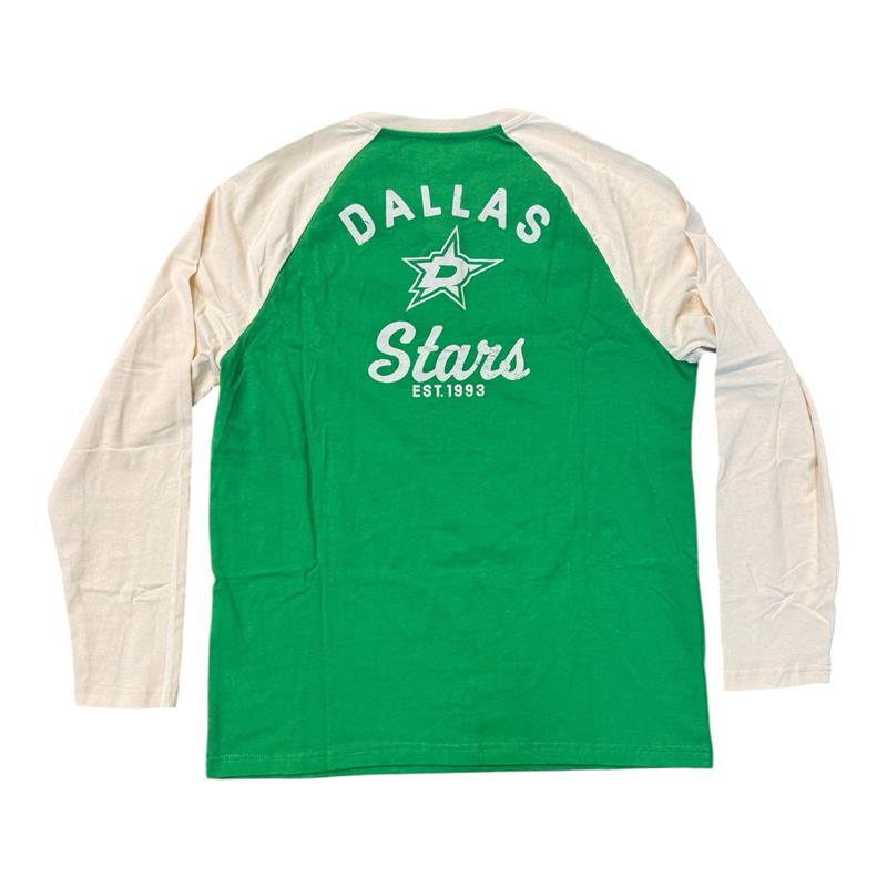 A long-sleeve raglan t-shirt shown from the back, featuring a bright green body and cream-colored sleeves. The back is printed with the Dallas Stars logo and text in white.