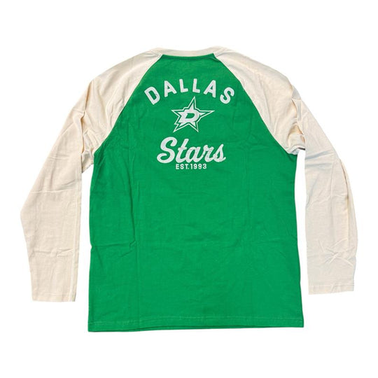 A long-sleeve raglan t-shirt shown from the back, featuring a bright green body and cream-colored sleeves. The back is printed with the Dallas Stars logo and text in white.