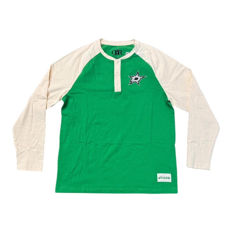 A long-sleeve raglan henley shirt in green and cream, featuring the Dallas Stars logo on the left chest and a small &