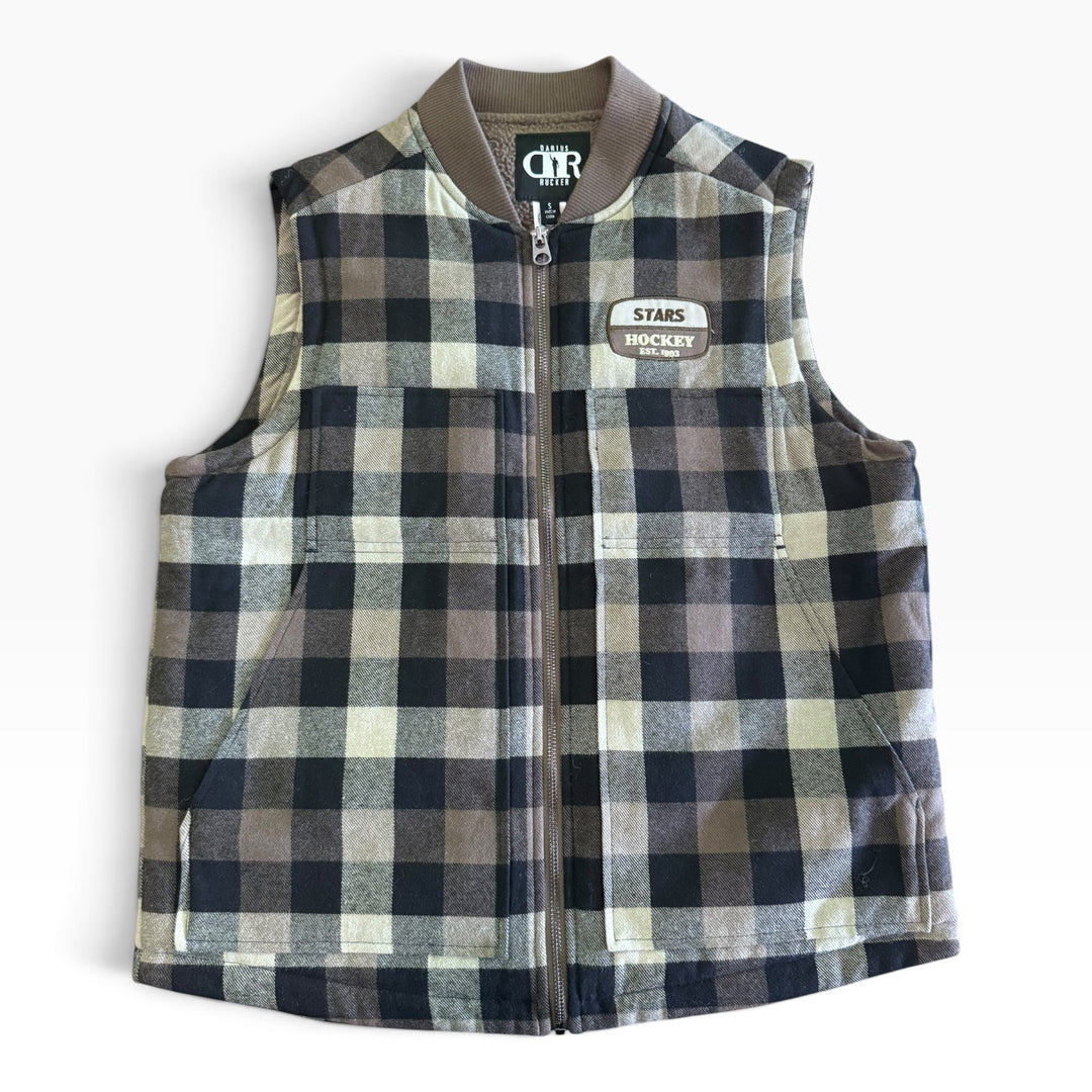 A sleeveless zip-front vest with a plaid pattern in black, beige, and gray, featuring a brown ribbed collar and a front patch that reads &