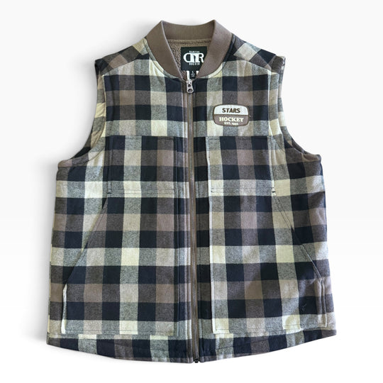 A sleeveless zip-front vest with a plaid pattern in black, beige, and gray, featuring a brown ribbed collar and a front patch that reads &