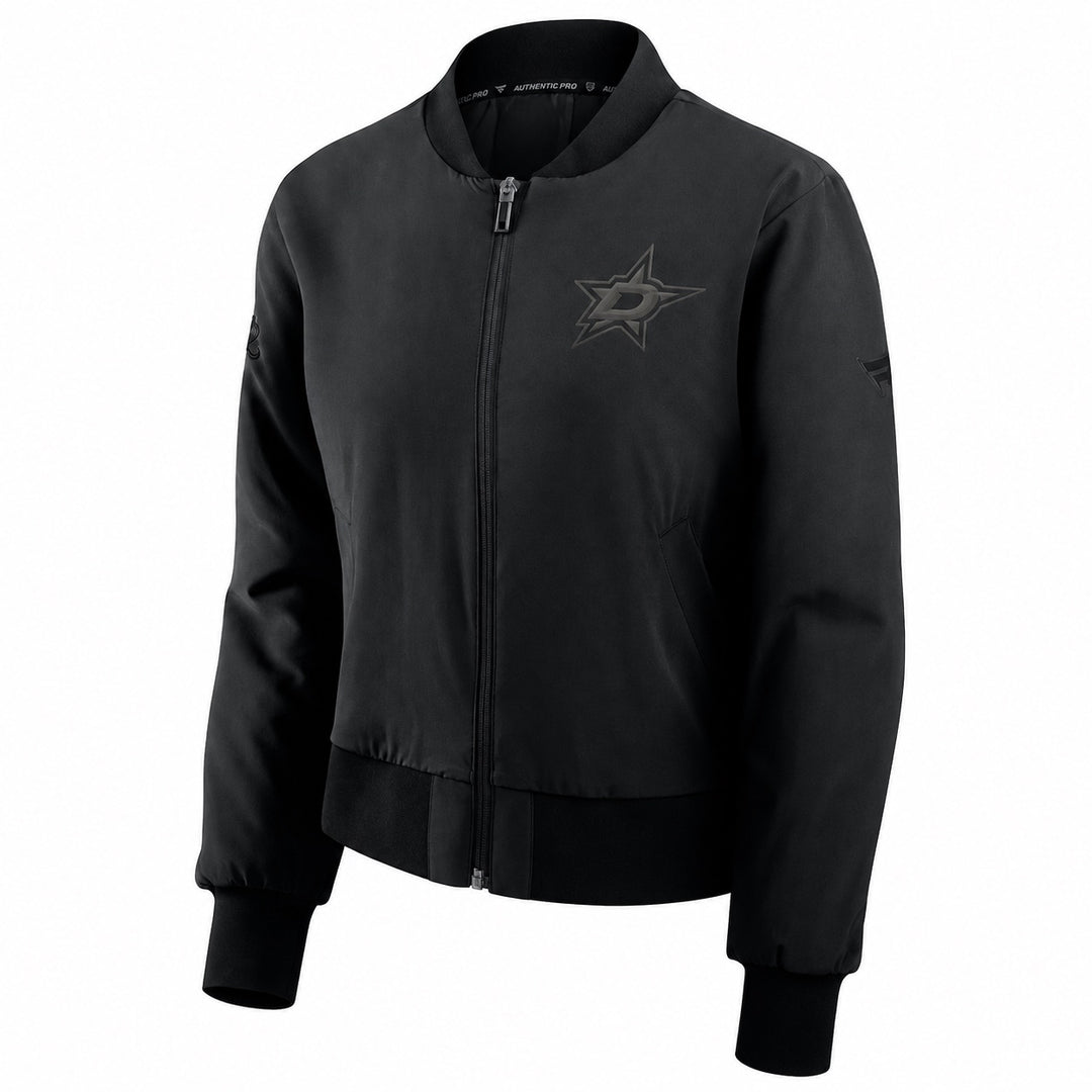 A black full-zip bomber jacket featuring a dark gray Dallas Stars logo on the left chest, displayed on a clean white background.