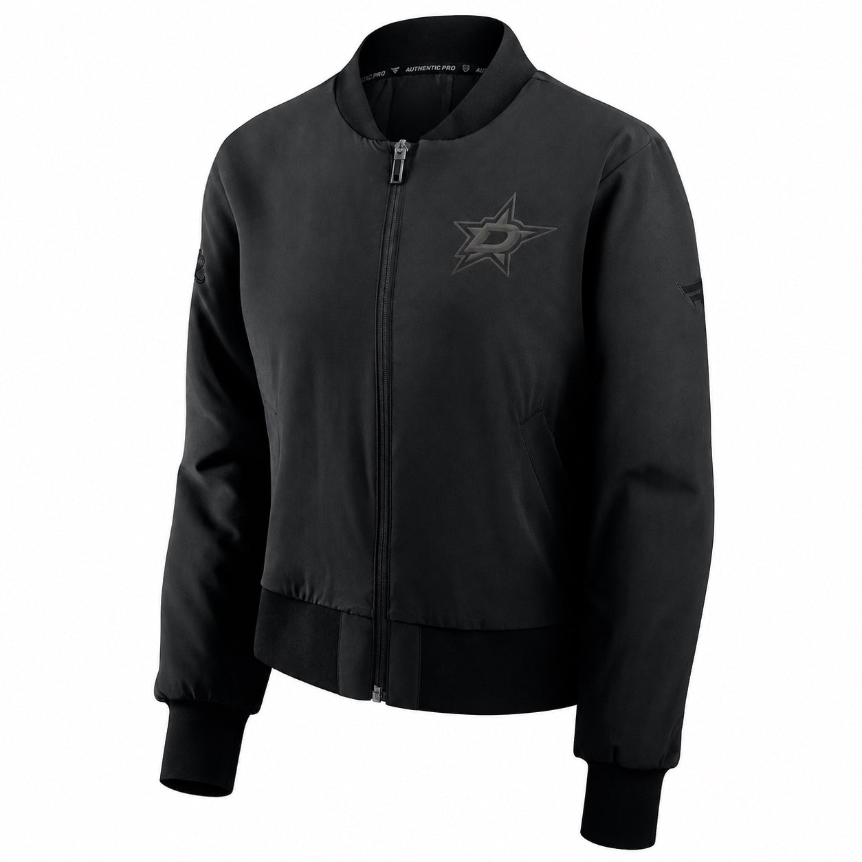 A black full-zip bomber jacket featuring a dark gray Dallas Stars logo on the left chest, displayed on a clean white background.